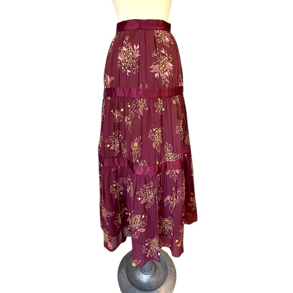 Marc Jacobs Silk Floral Ribbon Tiered Bohemian Midi Skirt Maroon Wine Size 12 - Picture 4 of 11